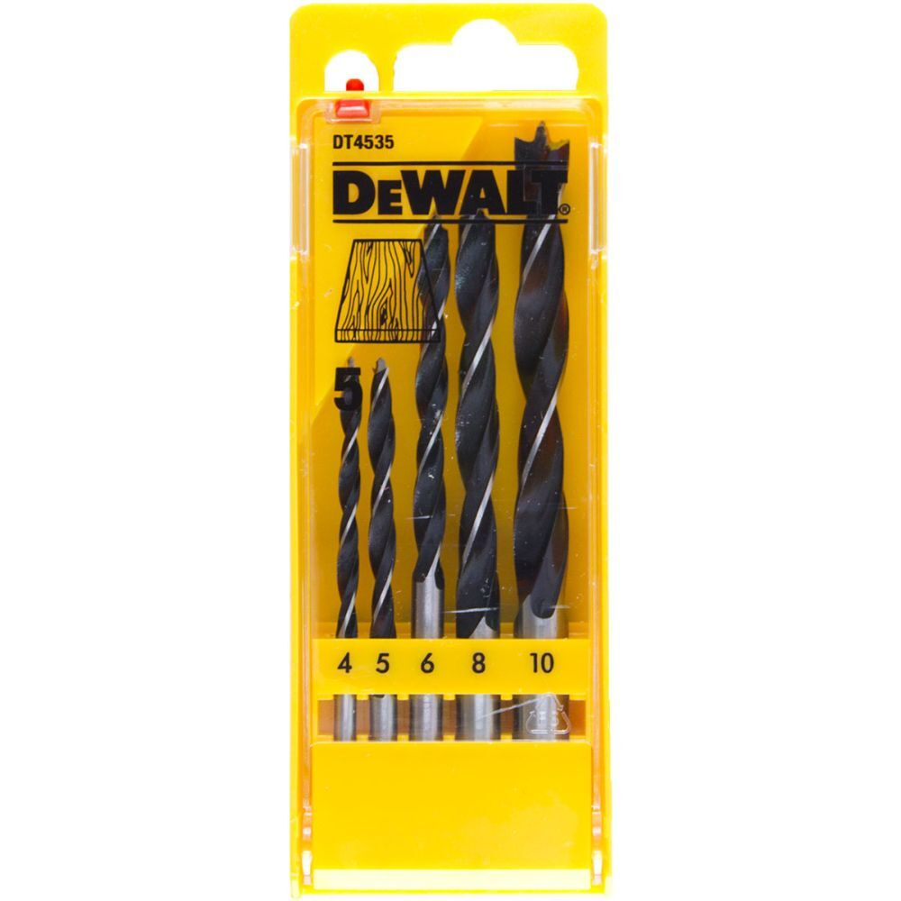 DeWalt, DT4535, Набор спиральных сверл по дереву (5 шт): 4, 5, 6, 8, 10 мм в пластиковой кассете, шт