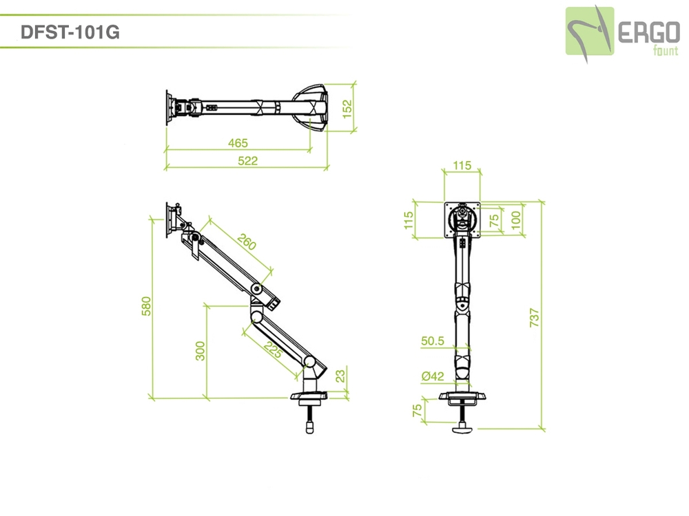 ErgoFount DFST-101G Шарнирное настольное крепление для монитора диагональю до 27'' с двухколенным вылетом, газово-пружинным амортизатором и струбциной к столу типа "G". Цвет - серебристый