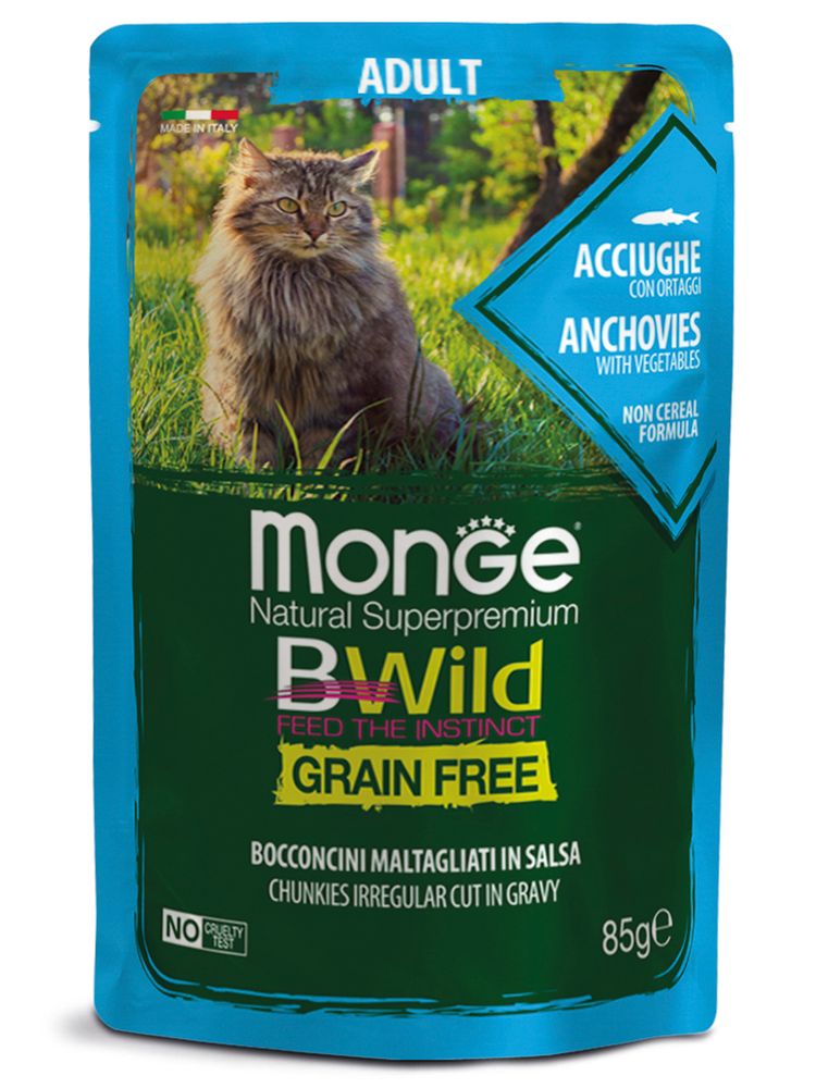 Влажный корм Monge Cat BWild GRAIN FREE для взрослых кошек, беззерновой, из анчоусов с овощами, пауч 85 г