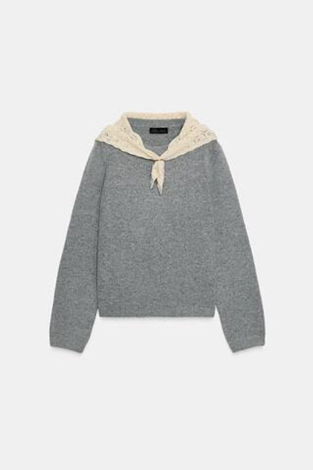 ZARA СВИТЕР С ШАРФОМ ИЗ КОНТРАСТНОЙ ТКАНИ, СЕРЫЙ МЕЛАНЖ