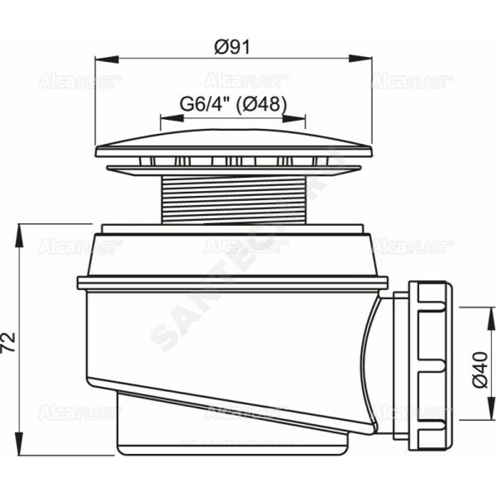 Сифон для поддона 1 1/2"x60/40 h=72мм слив крышка D=91мм Alca Plast A47CR-60