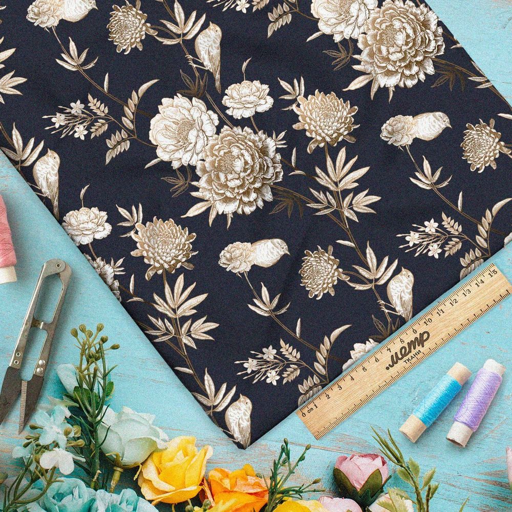 Ткань барби белые пионы на чёрном