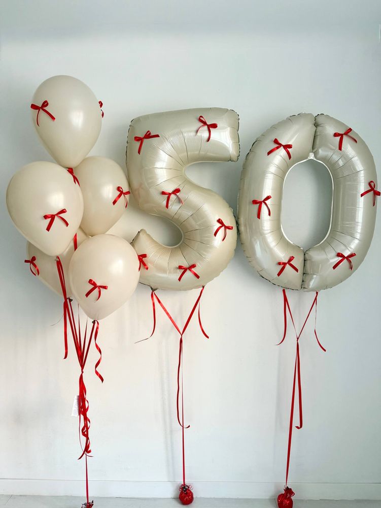 Воздушные гелиевые шары на Юбилей песок/красный бантики №4952