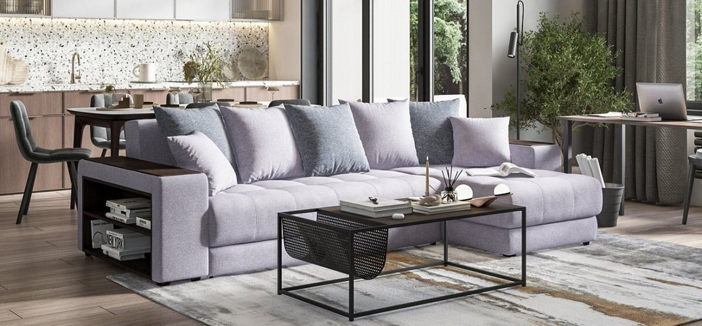 Угловой диван Дубай Рогожка Мальмо платина, Рогожка Венто серый