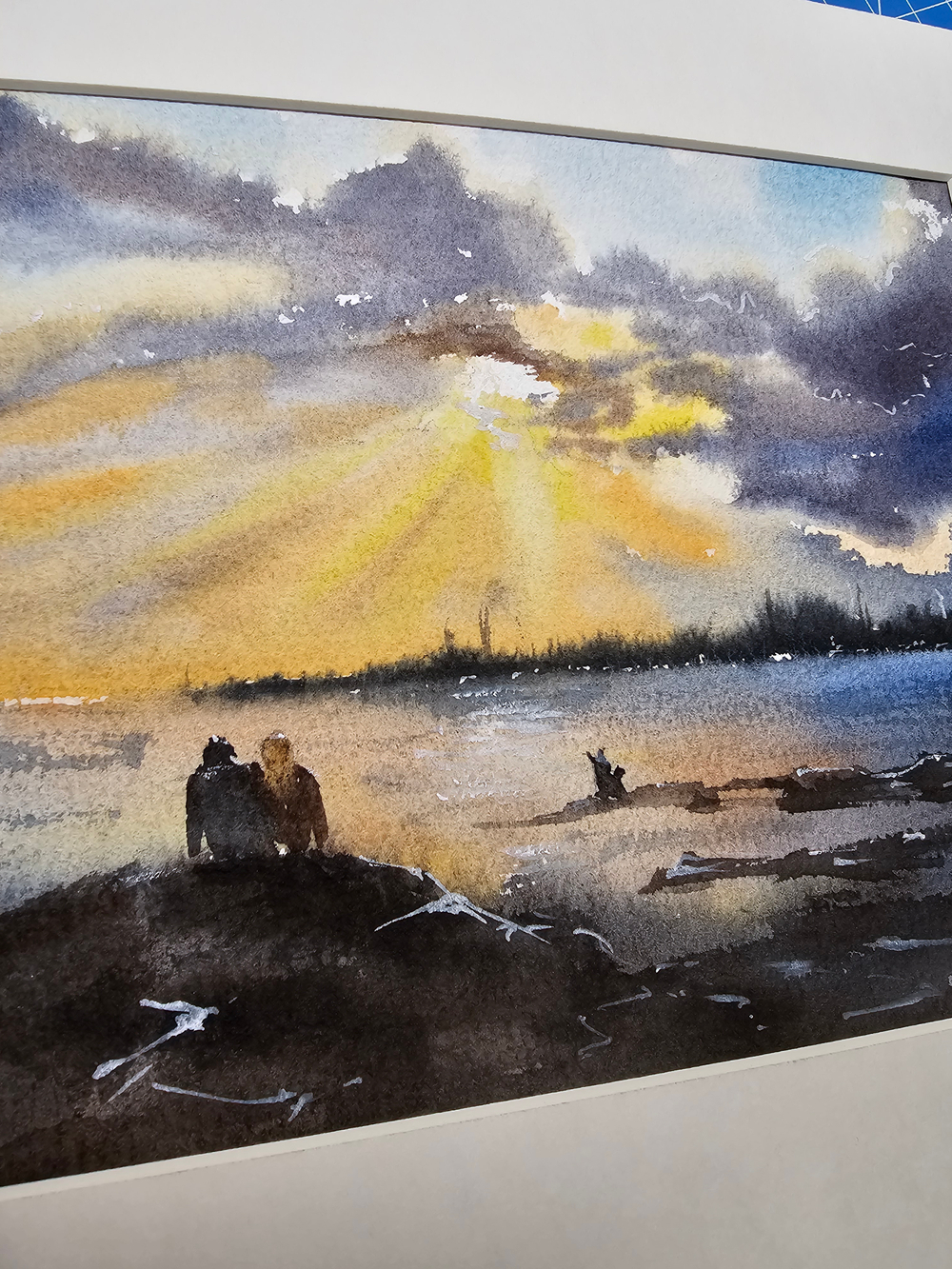 Картина авторская акварельная в паспарту 21*30 см на стену для интерьера "Он, она и собака"