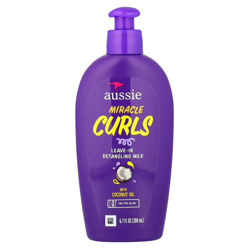 Aussie, Miracle Curls, несмываемое молочко для расчесывания волос с кокосовым маслом, для типов 3A–4A, 200 мл (6,7 жидк. унции)