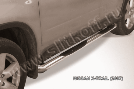 Пороги из нержавейки Nissan X-Trail (2007-2011) d76 с проступями люкс (черный цвет)