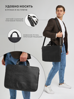 Сумка для ноутбука 13,3" и 14" с ремнем на плечо и 3 отделениями (Черная экокожа)