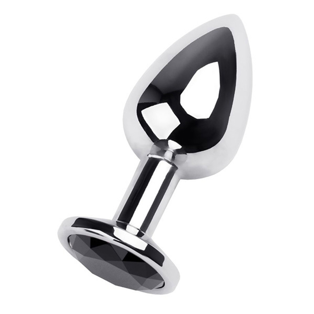 Серебристая анальная пробка 9,5см с чёрным кристаллом ToyFa Metal 717095-5