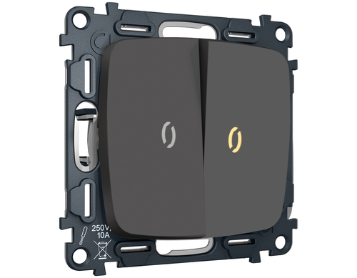 MO904010 Комплект механизма 2-кл выключателя с подсветкой 3200K OMEGA Графит мягкое касание QUANT (OP9040, VM115, G11Y)