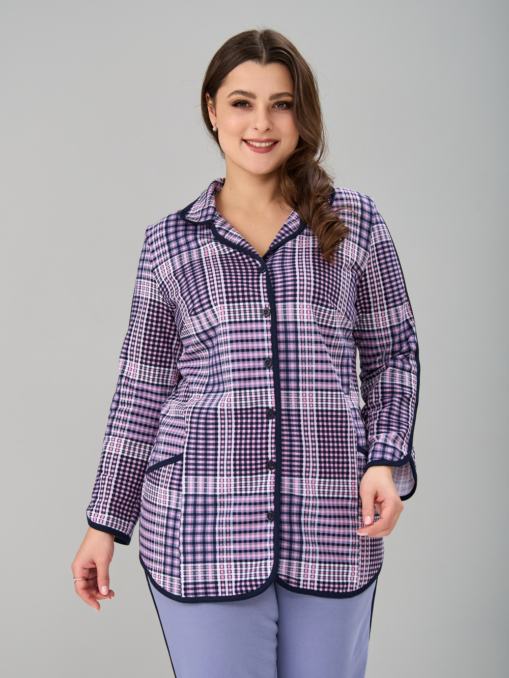 Пижама с брюками КБ-002/клеткасерая-брусника