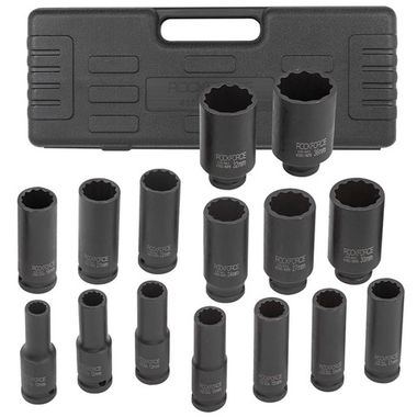 Набор головок ударных глубоких 15пр.,1/2''12гр.(10,12-17,19,21,22,24,27,30,32,36мм), в пластиковом кейсе RockForce##Rock FORCE RF-4166D-9MPB