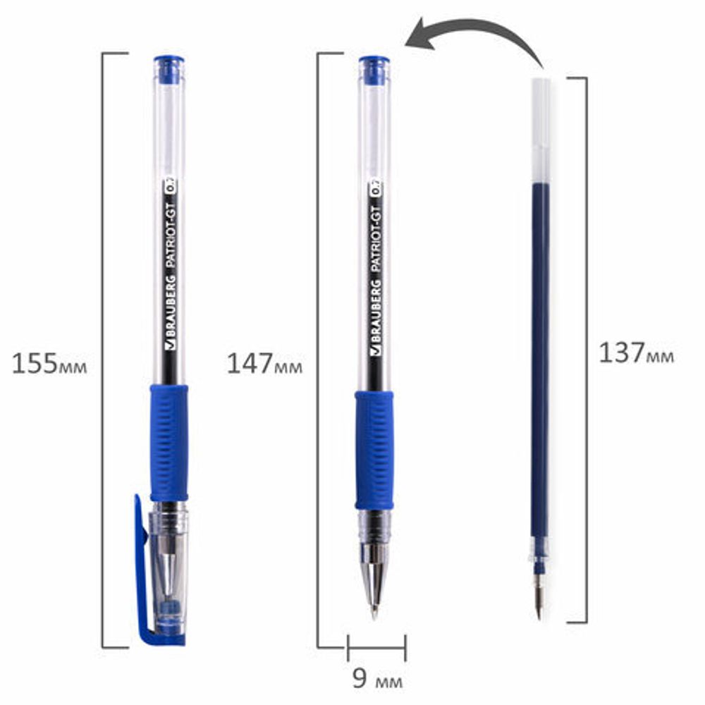 Ручка гелевая РОССИЯ "PATRIOT-GT", СИНЯЯ, корпус прозрачный, узел 0,7 мм, линия письма 0,4 мм, BRAUBERG, 143959