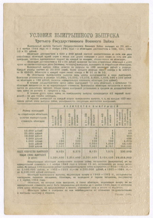 Облигация 25 рублей 1944 год. 3-ий государственный военный заем. Серия 049117. F-VF