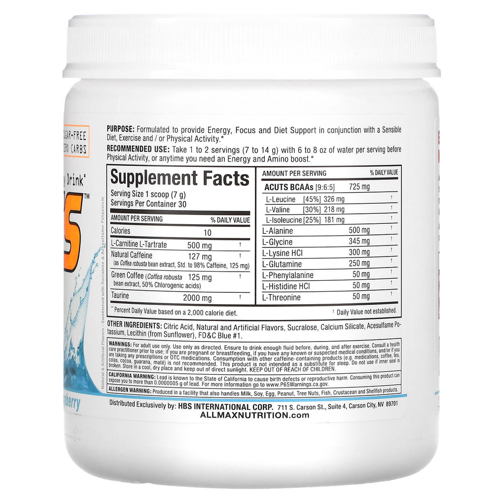 ALLMAX, ACUTS, энергетический напиток с аминокислотами, голубая малина, 210 г (7,4 унции)