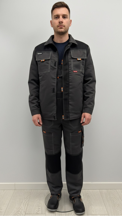 Костюм Nerss МАНХЕТТЕН, куртка + полукомбинезон. Черный с серым.