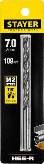 STAYER PROFI 7.0х109мм, Сверло по металлу HSS-R, быстрорежущая сталь М2(S6-5-2)