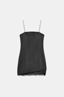 ZARA КОРОТКОЕ АТЛАСНОЕ ПЛАТЬЕ С КРУЖЕВОМ, ЧЕРНЫЙ