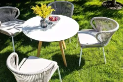 "Милан" стул плетеный из роупа, каркас алюминий белый шагрень, роуп бежевый круглый, ткань бежевая