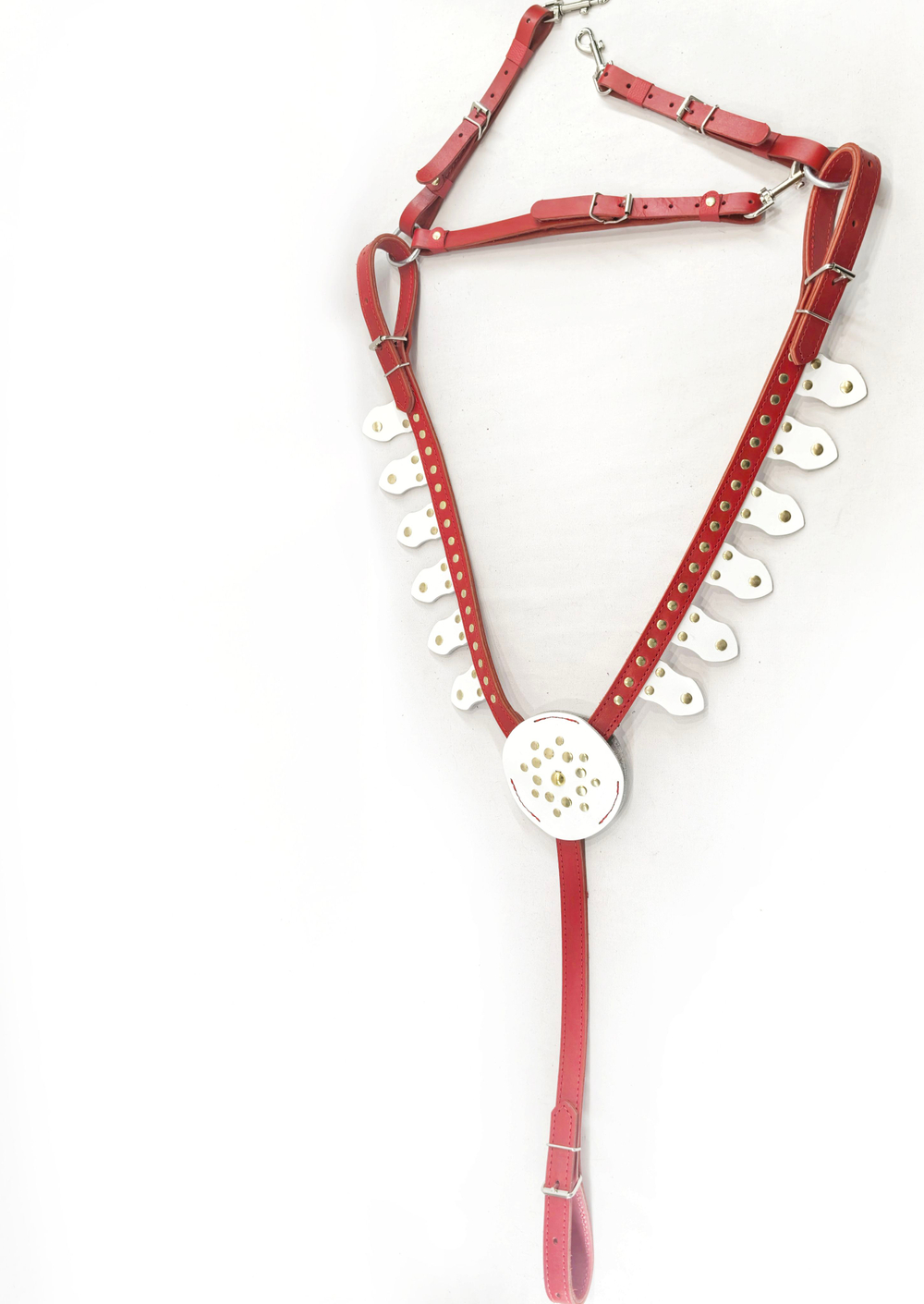 Нагрудник (Подперсье выездное) для лошади кожаный фулл красно белый