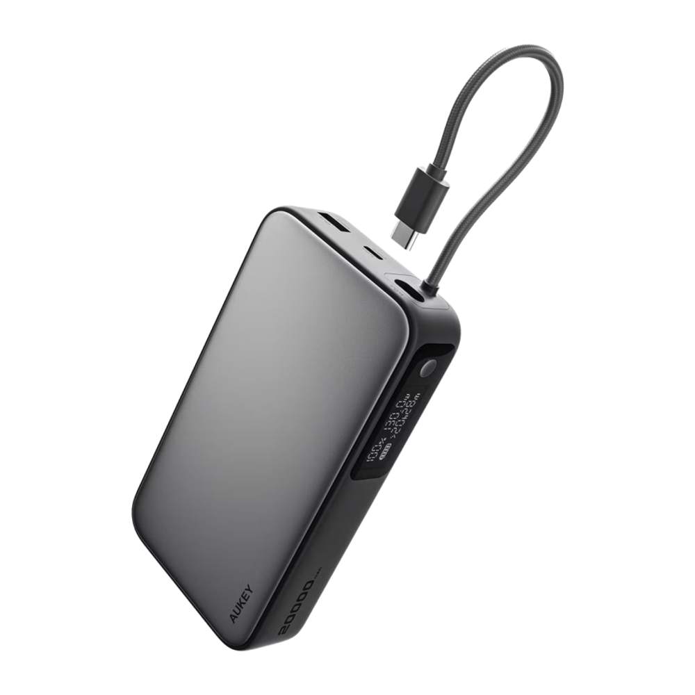 Внешний аккумулятор со встроенным кабелем AUKEY Spark Sling (20000 мА·ч) Проводная зарядка: USB-C, USB-A, встроенный кабель USB-C. Беспроводная зарядка: нет. Есть дисплей, поддержка PD и PPS. Энергоёмкость — 74 Вт·ч. Максимальная выходная мощность — 100 В