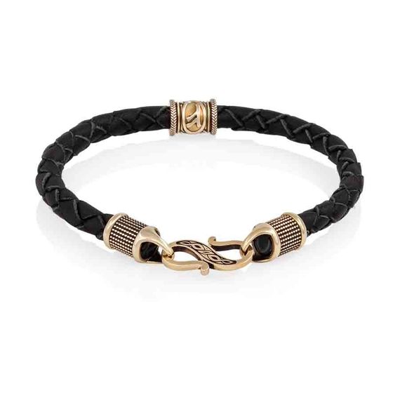 Браслет гайтан черный 5 мм с руной Феху Бронза, вид 2