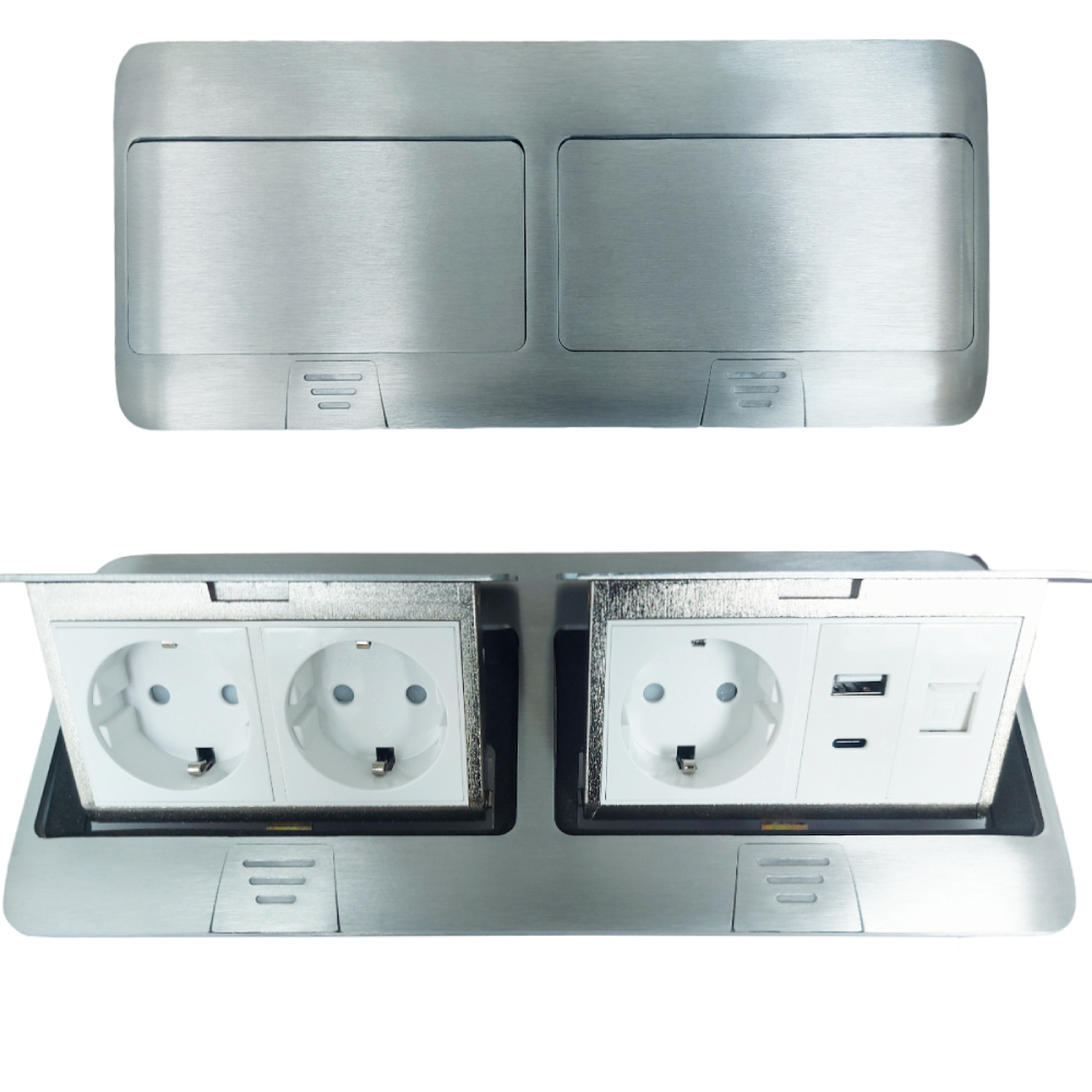 Лючок в пол 3-РОЗЕТКА + USB+TYPE-C + INT (цвет серебро)