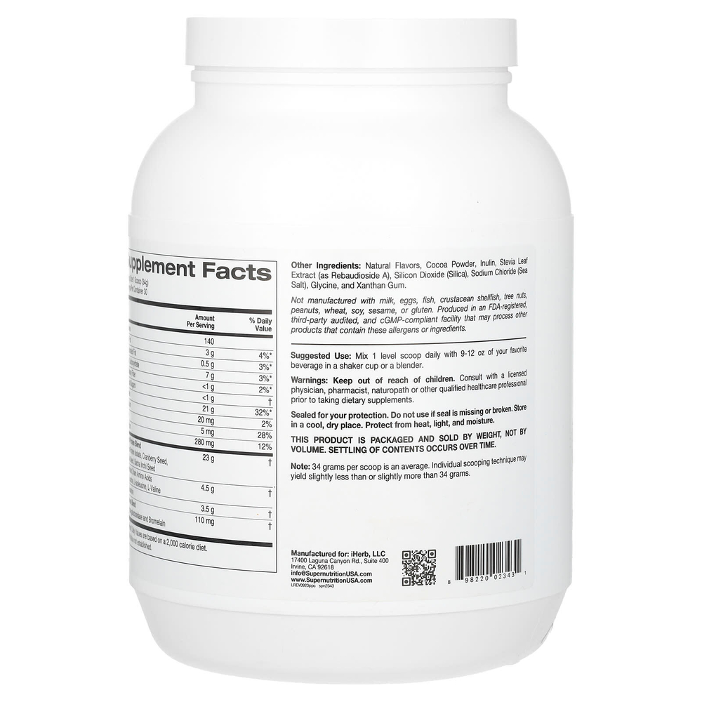 Super Nutrition, растительный протеин с изолятом горохового протеина, BCAA, семенами клюквы, чиа и инка инчи, шоколад, 1020 г (2,2 фунта)