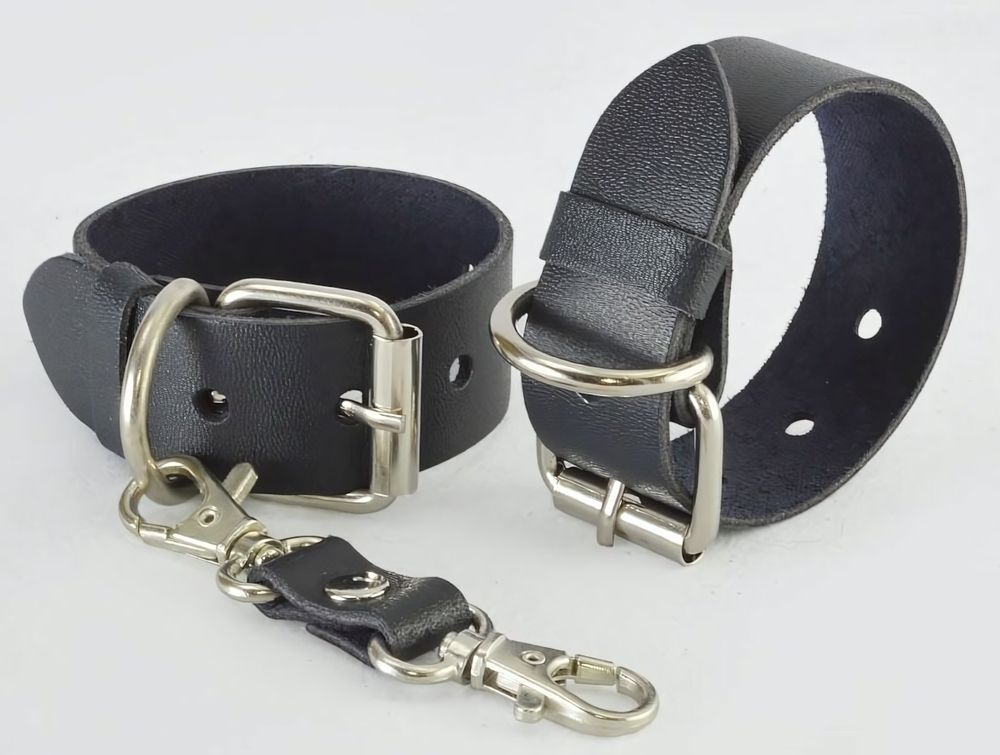 Наручники из натуральной кожи Новичок (Цвет: черный с синим)