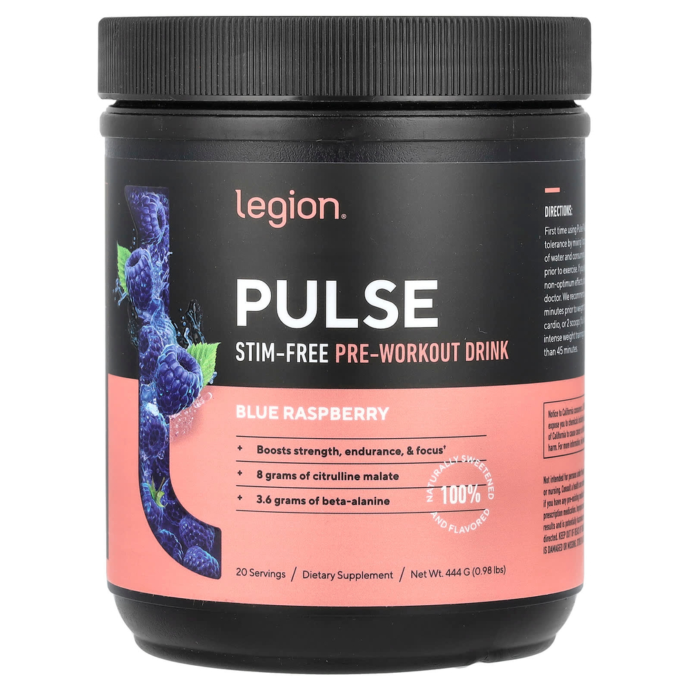 Legion Athletics, Pulse, предтренировочный напиток без стимуляторов, с голубой малиной, 444 г (0,98 фунта)