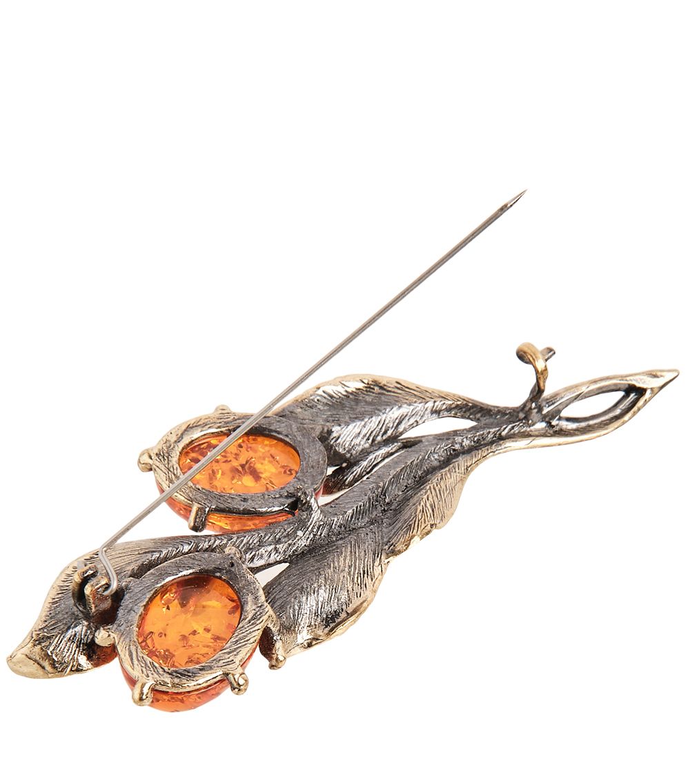 AM-2091 Брошь «Ива» (латунь, янтарь)