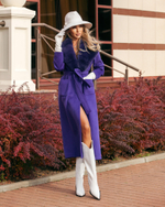 Женское синее шерстяное пальто с меховым воротом