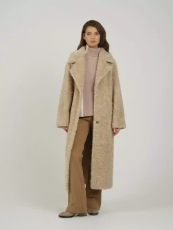 Шуба чебурашка длинная из овечьей шерсти, бежевая, SilverFox