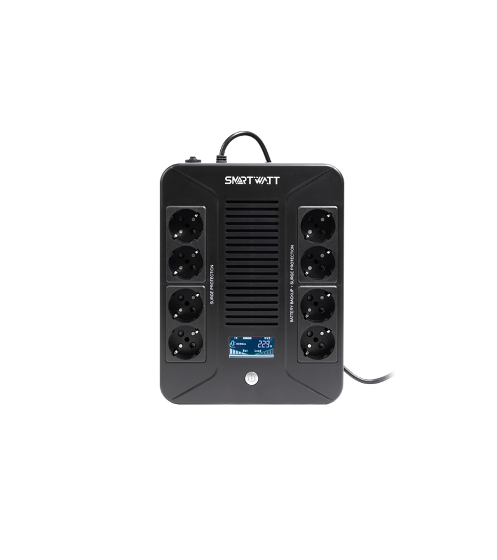 SMARTWATT линейно-интерактивный, 1000/600 ВА/Вт, напольный/настенный, LCD дисплей, Shuko CEE7/4 - 8 шт. (4 шт. с резервным питанием, 4 шт. - сетевой фильтр)