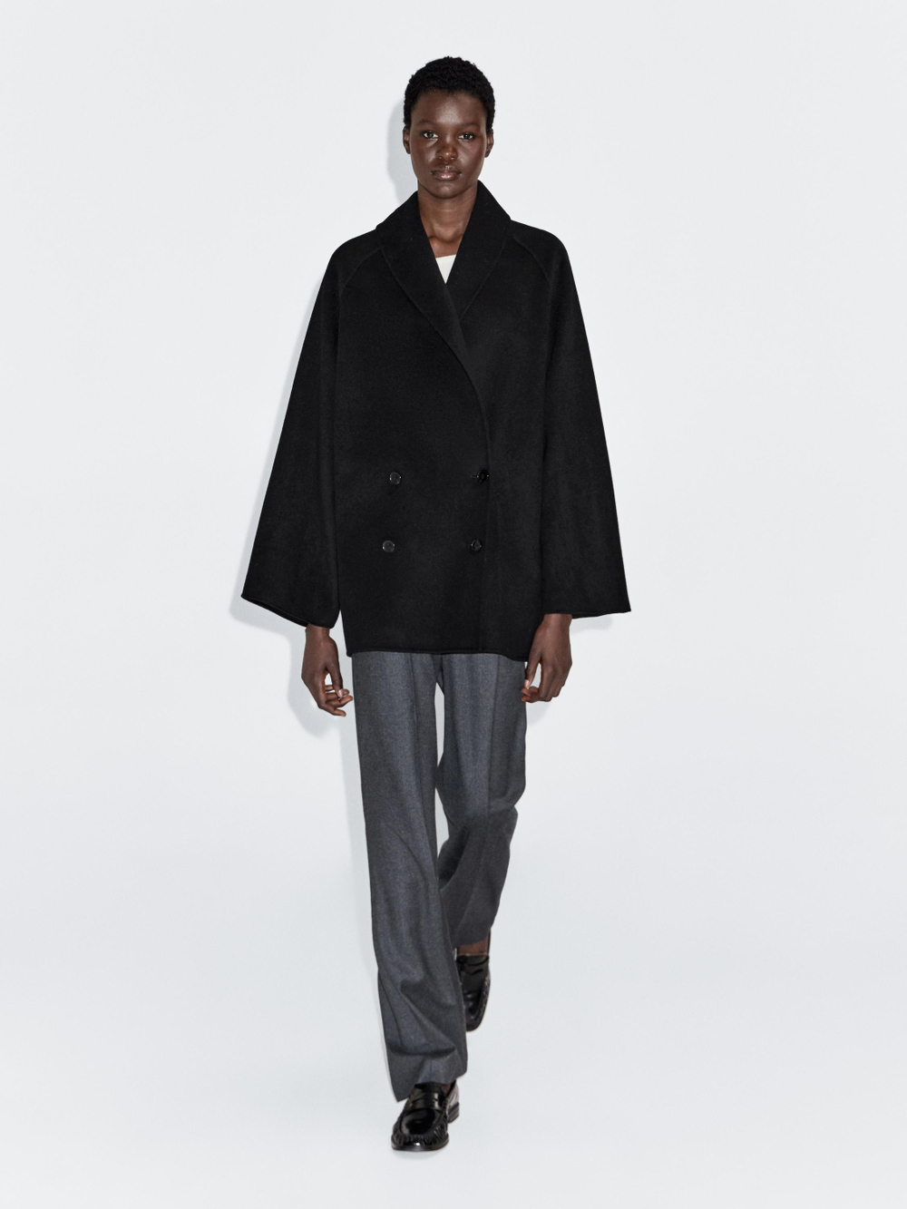 Massimo Dutti Пальто средней длины из смесовой шерсти с отложным воротником, черный