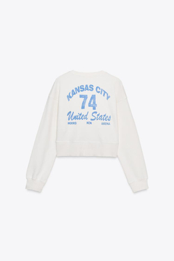 ZARA УКОРОЧЕННАЯ ТОЛСТОВКА С НАДПИСЬЮ, ЭКРЮ