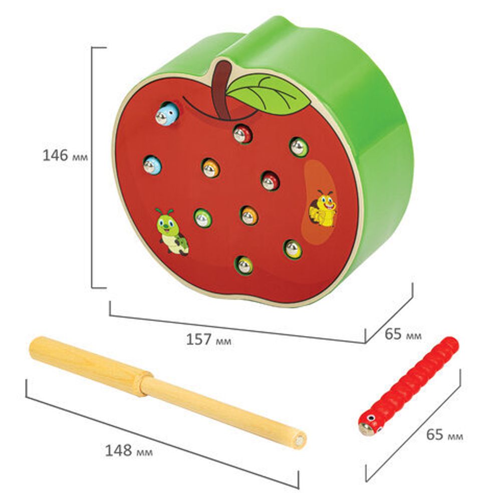 Сортер-рыбалка магнитный деревянный развивающий "Яблоко", BRAUBERG KIDS, 665244