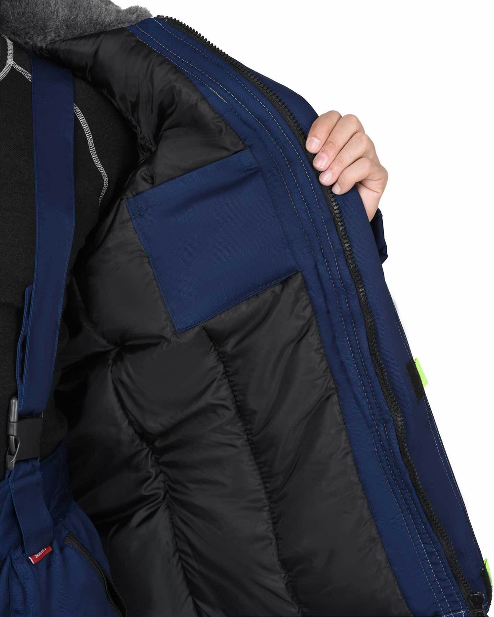 Куртка удлиненная, мех. воротник, т-синяя со ср.серым и лимонным кантом