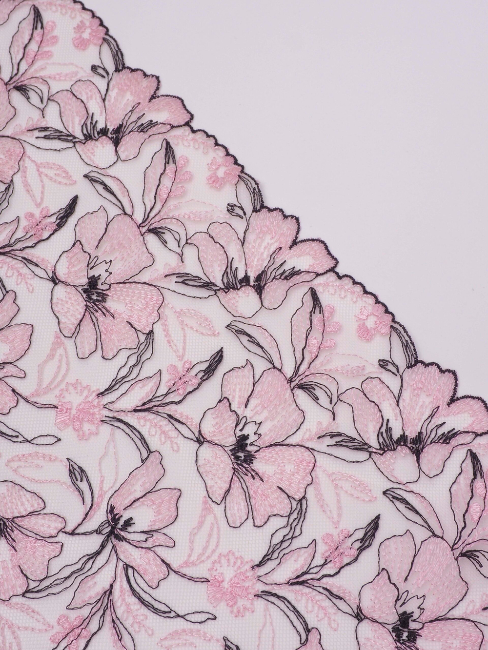 Вышивка на сетке телесная с нежно-розовым и черным неэластичная ширина 23 см