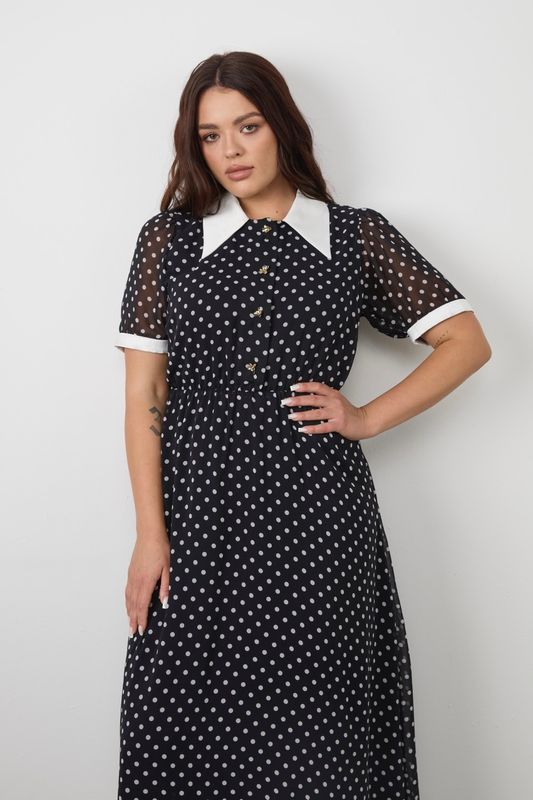 Платье из шифона с контрастными деталями, черное в белый горох