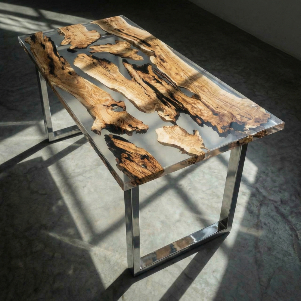 Стол из кусочков граба в смоле