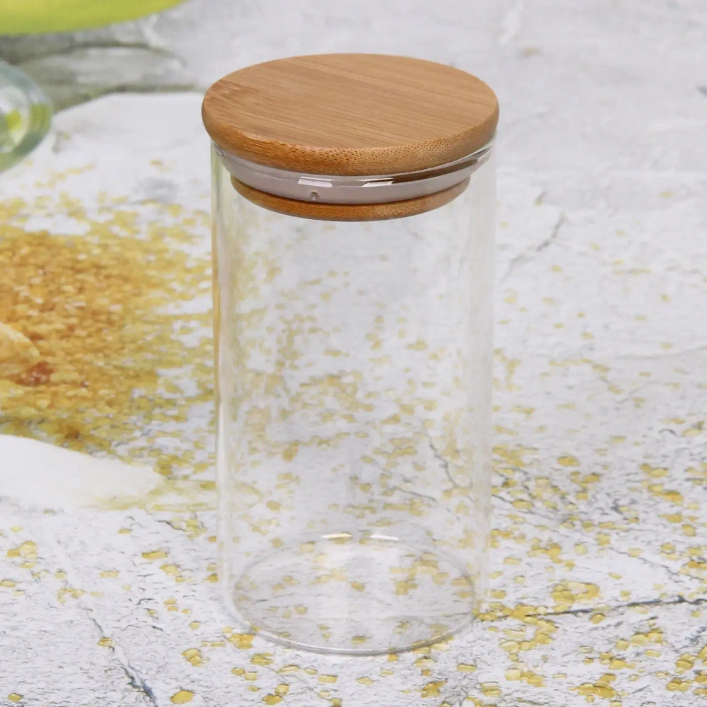 Банка для продуктов стеклянная 300мл «Хай-Тек» с бамбуковой крышкой 6,5*12см