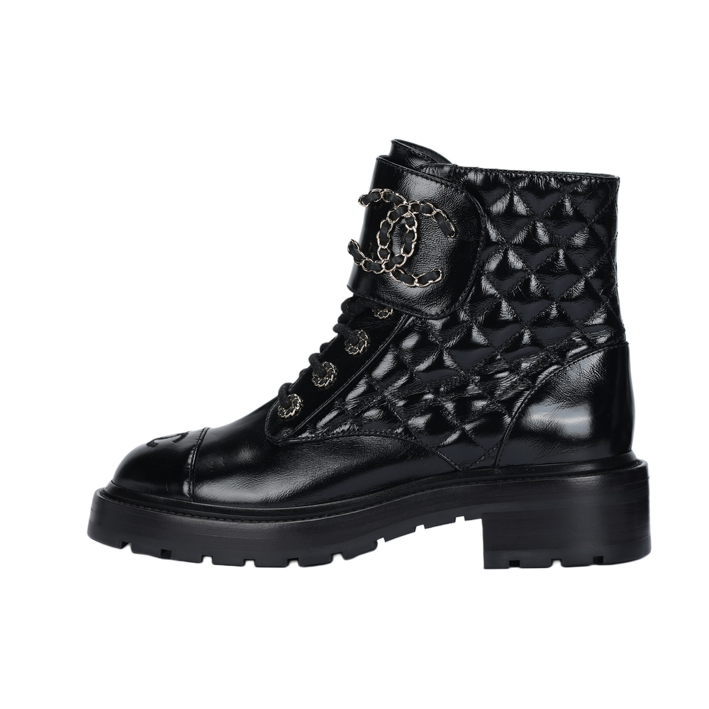 CHANEL Quilted Combat Boot Black Leather Women"s