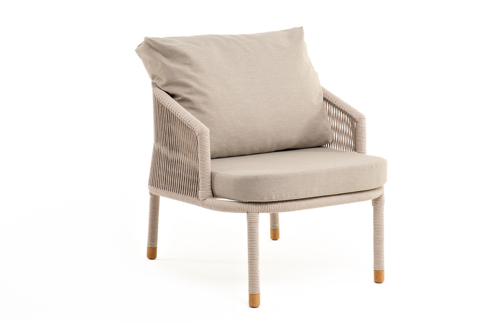 "Верона" кресло плетеное из роупа, каркас алюминий белый муар, роуп бежевый круглый, ткань бежевая 15052