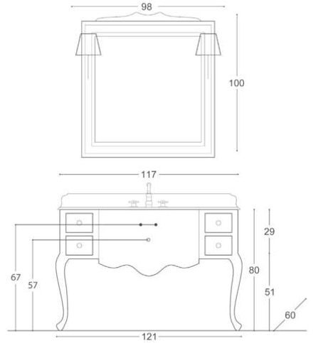 Комплект мебели LINOSA Тумба под раковину 121*58*80 см + Столешница 121*60*2 см с 3 отв. под смеситель, камень Aventino Tres + Смеситель на 3 отверстия с д/кл для раковины bronzato/ручки дерев + Зеркало в раме 98*100 см, орех