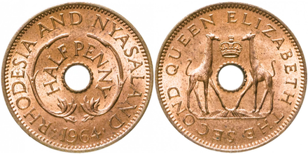 Родезия и Ньясаленд 1/2 пенни, 1955 - 1964 Королева Елизавета II UNC