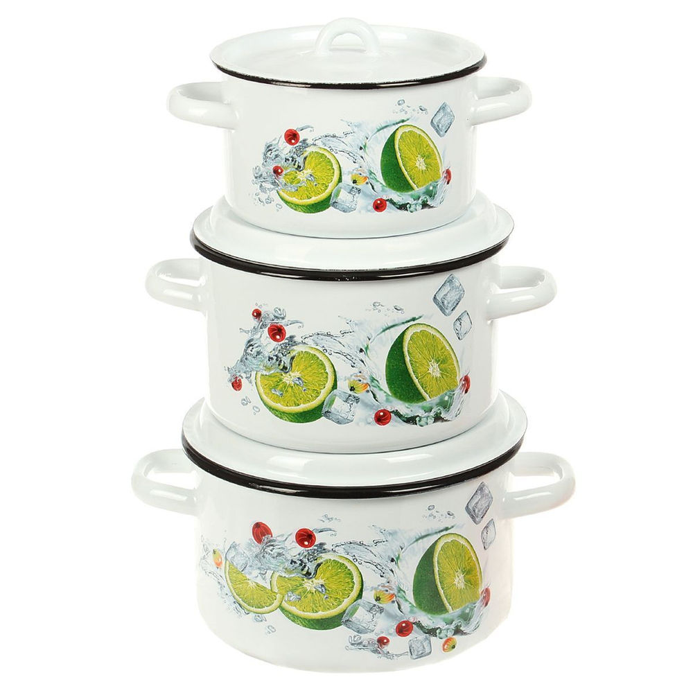 Набор эмалированной посуды 6 пр, кастрюли 1.5,2.9,4.5 л, СтальЭмаль, Мохито, 1с33