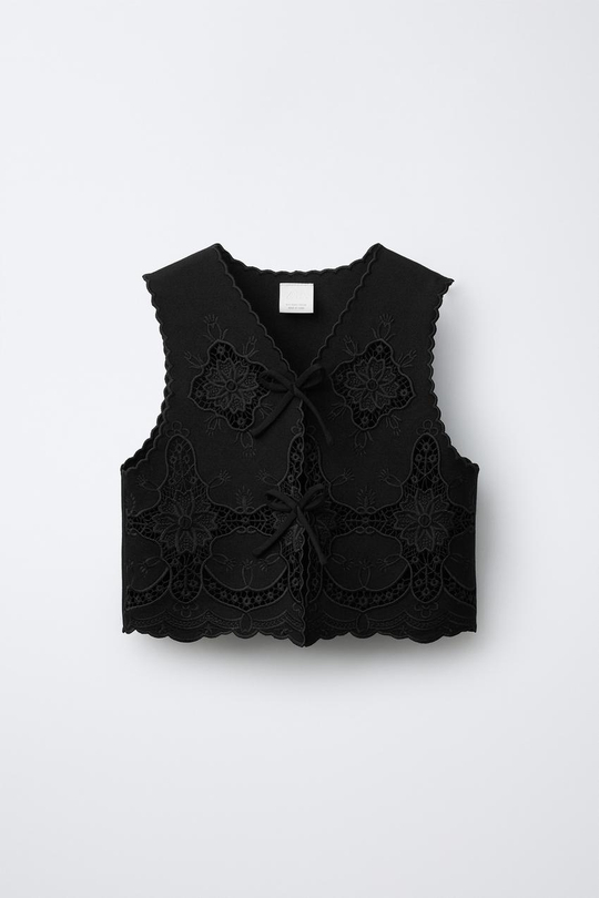 ZARA ЖИЛЕТ С ВЫШИВКОЙ, ЧЕРНЫЙ