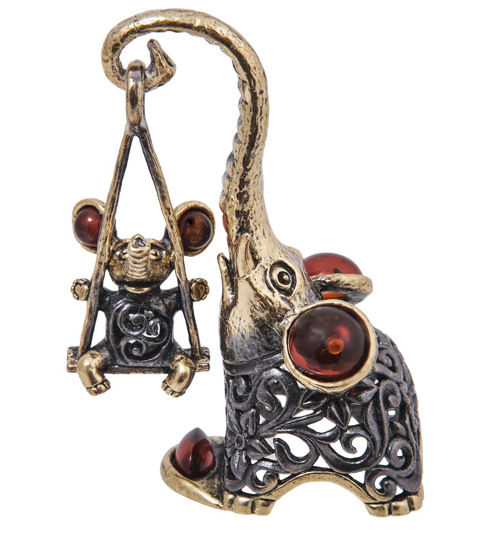 Народные промыслы AM-4093 Фигурка «Слон и мышь Ажурные» (латунь, янтарь)