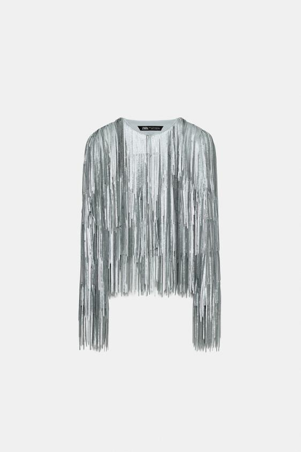 ZARA КУРТКА С БАХРОМОЙ И ПАЙЕТКАМИ — ZW COLLECTION, КАМЕННО-СЕРЫЙ